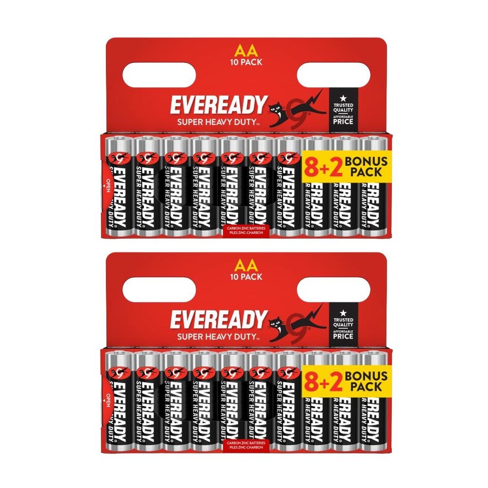 2x Eveready Super Heavy Duty AA Zinc Batteries - Pack of 10 (20x Batteries in total)