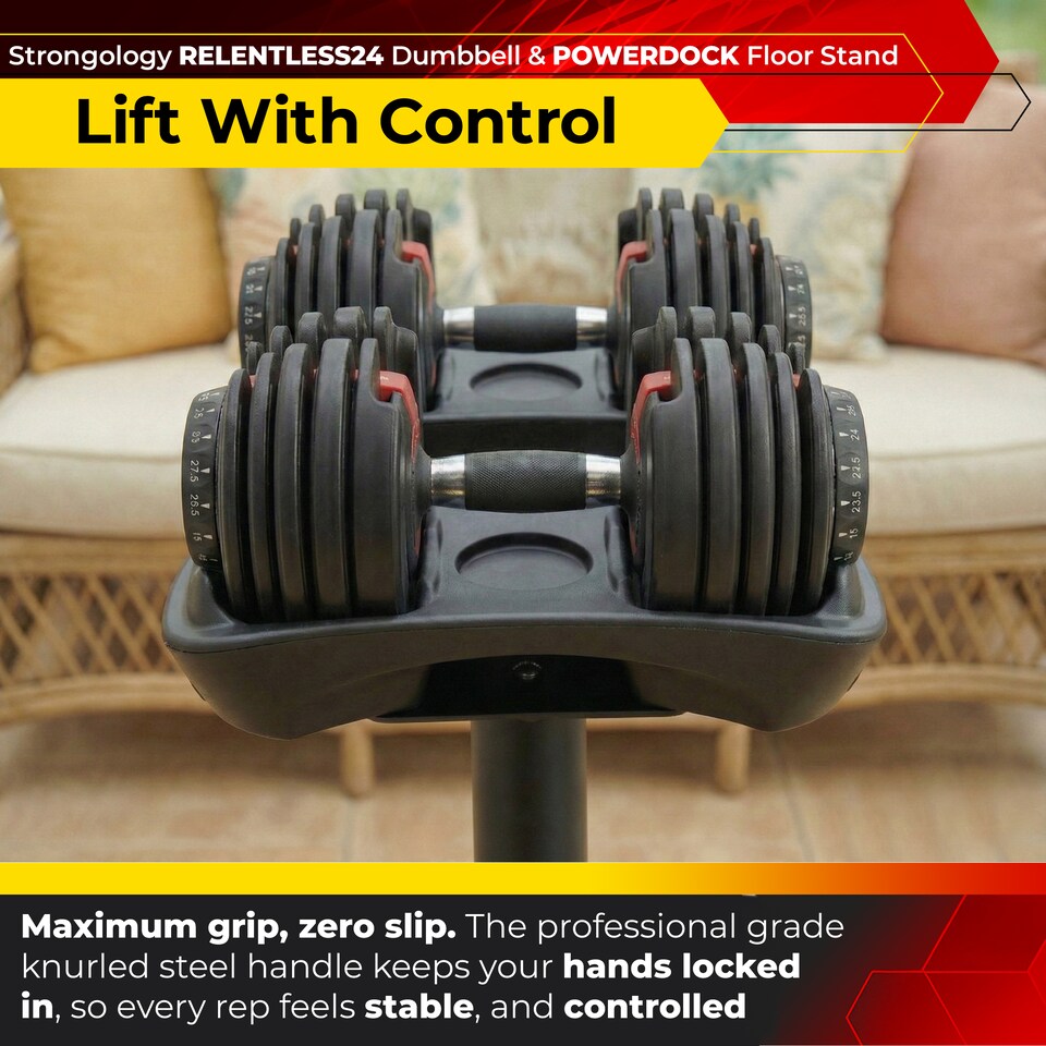 image 1 of Strongology RELENTLESS24 Adjustable Dumbbell Pair (2.5-24kg) and POWERDOCK Stand 15-in-1 Quick-Select Weights Home Gym Bundle