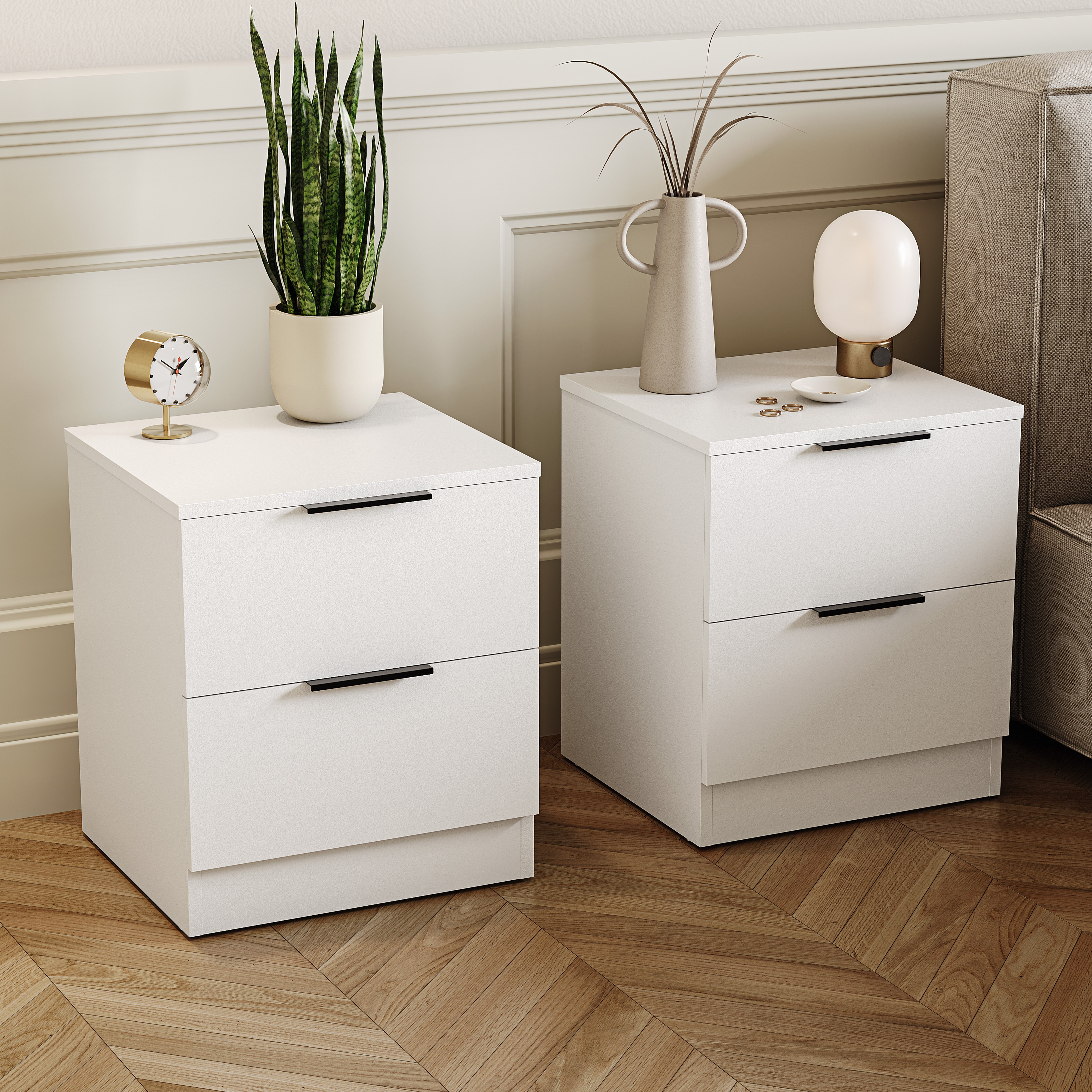Vida Designs Trega 2 Drawer Bedside Chest Bedroom Nightstand Storage Unit - White - Set of 2