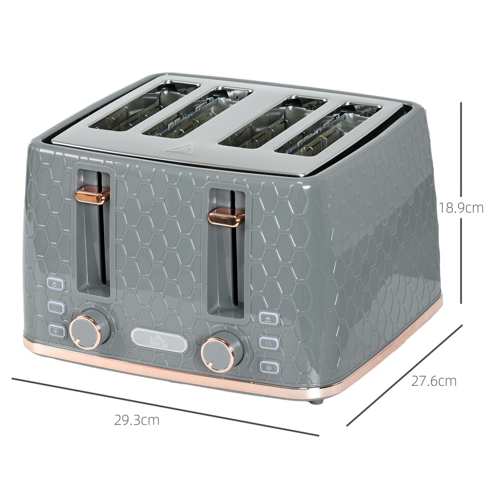 image 1 of HOMCOM Toaster with 4 Slot, 7 Browning Levels, 1600W, Grey Honeycomb Grey | Pink accents | 29.3L x 27.6W x 18.9H cm