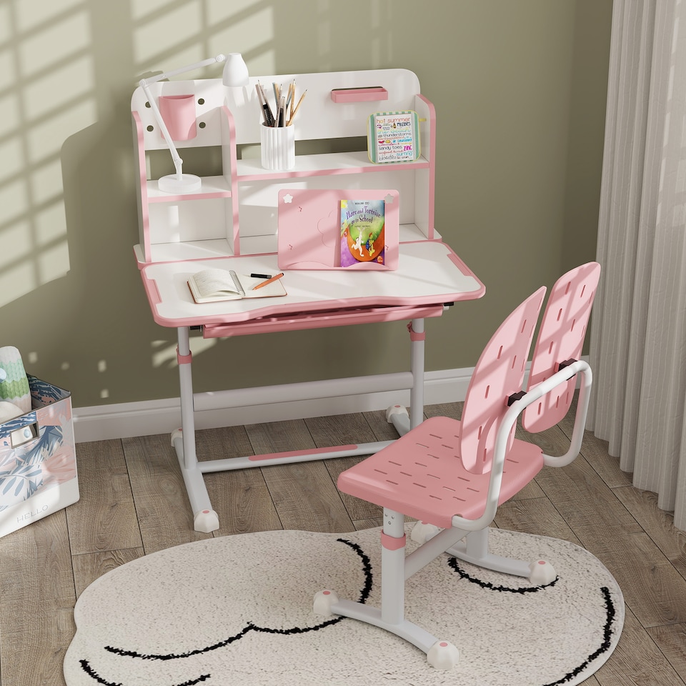 image 1 of AIYAPLAY Kids Desk and Chair Set w/ Tiltable Desktop, Reading Rack, Pink