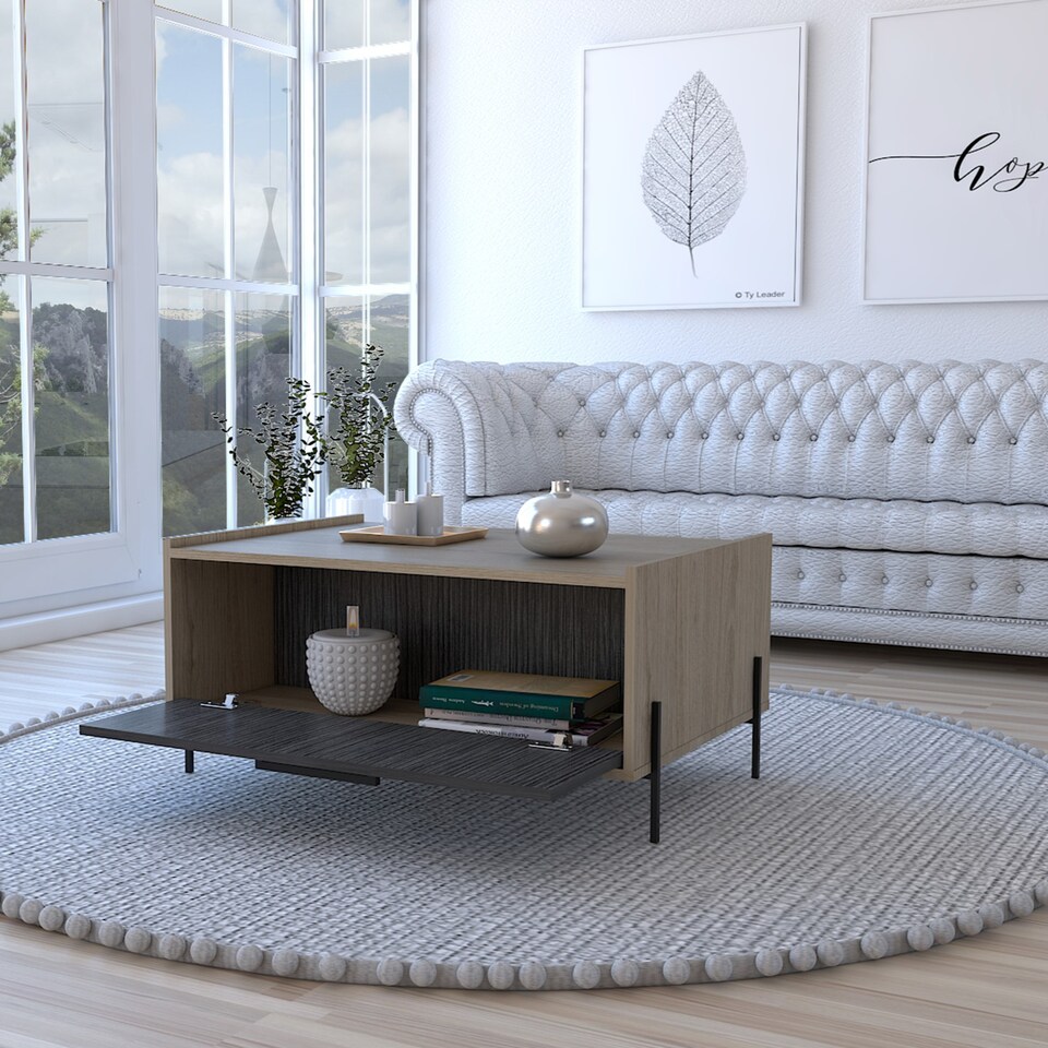 image 1 of Harvard Storage Coffee Table With Drawer - Washed Oak and Carbon Grey Oak Effect Top with Metal Hardware | Brown | Washed Oak & Carbon Grey | One Size | 1