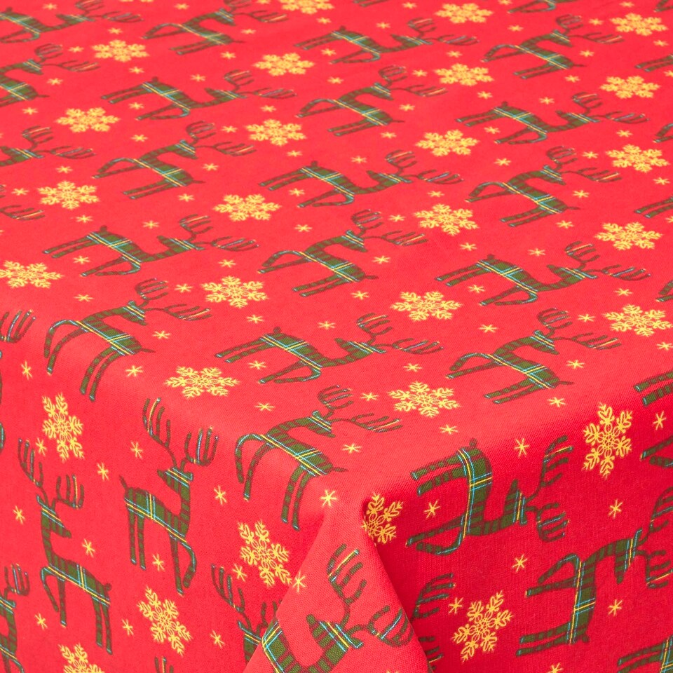 image 1 of Homescapes Red Reindeer 100% Cotton Christmas Tablecloth - 137 x 178 cm | Red | 137cm x 178cm (54" x 70")