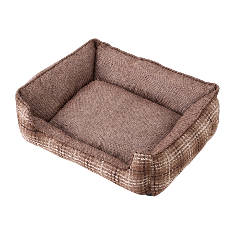 image 1 of Living and Home Linen Woven Pet Bed with Anti-Slip Bottom for Cats & Dogs | Brown | Brown Plaid | M