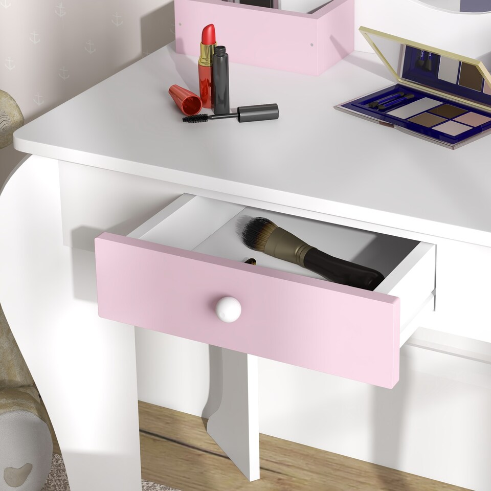 image 1 of ZONEKIZ Kids Dressing Table with Mirror and Stool, Drawer, Storage Boxes - White | White | Pink