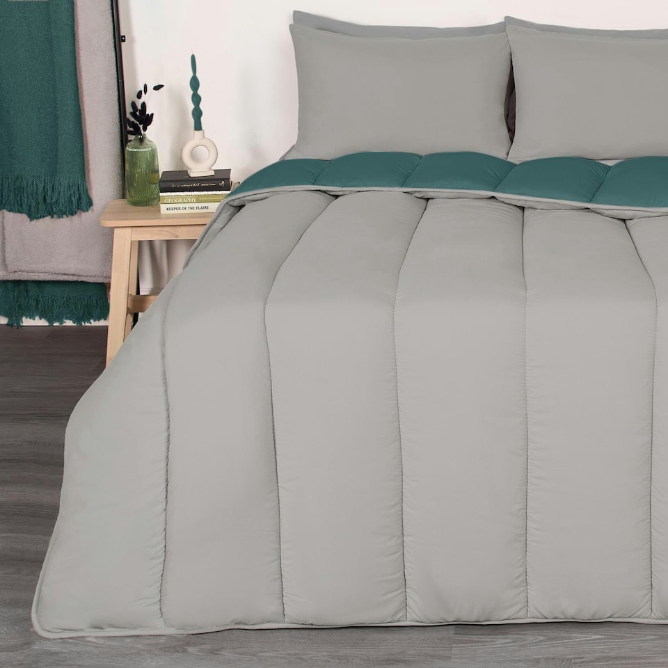image 1 of OHS Coverless Reversible 10.5 Tog Duvet And Pillowcase Bedding Set, Single - Teal/Grey | Multi | Teal and Grey | Single