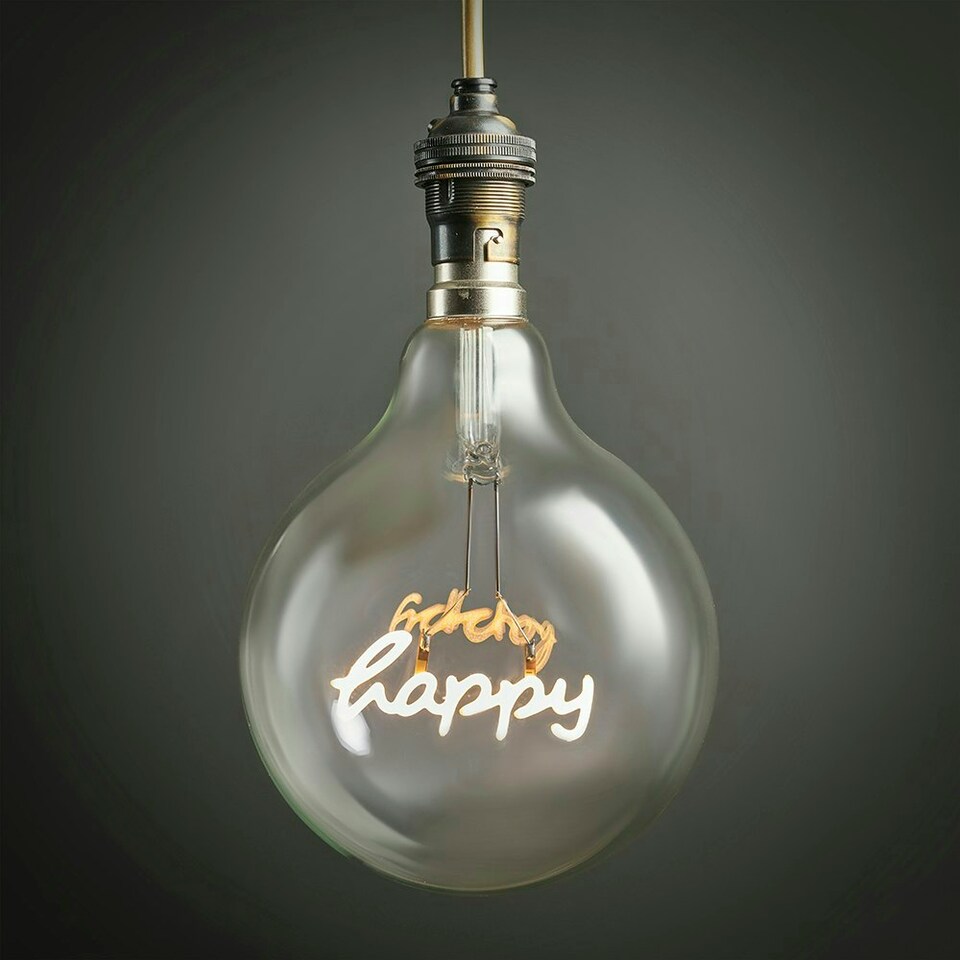 image 1 of ValueLights Vintage Style 2w LED BC B22 Bayonet Cap Word Script Happy Design Clear Light Bulb - Happy