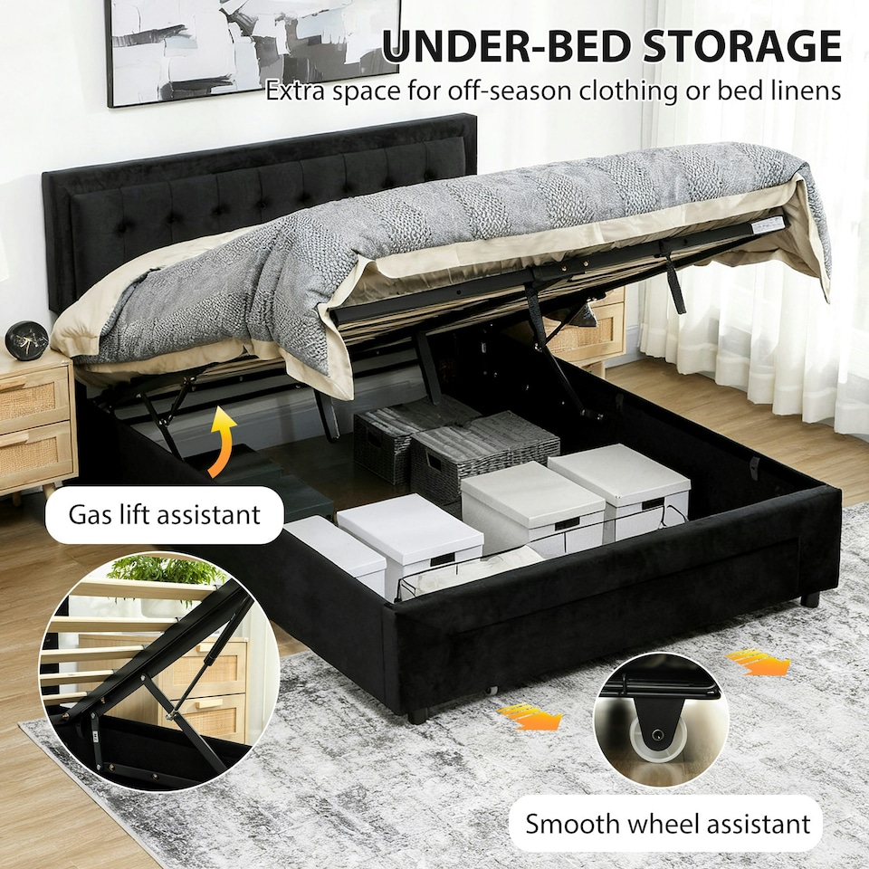 image 1 of HOMCOM King Size Bed Frame with Storage and Adjustable Headboard, Black
