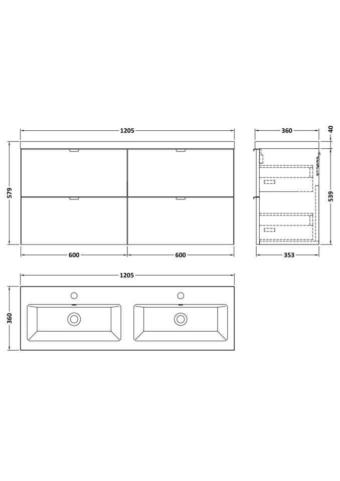 image 1 of Balterley Alrewas Contemporary 4 Drawer Wall Hung Vanity Unit with Basin, Anthracite Woodgrain, 1200mm