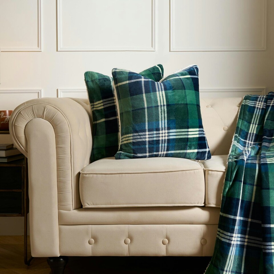 image 1 of OHS 2 x Hudson Flannel Fleece Check Printed Filled Cushions, 45x45cm - Green
