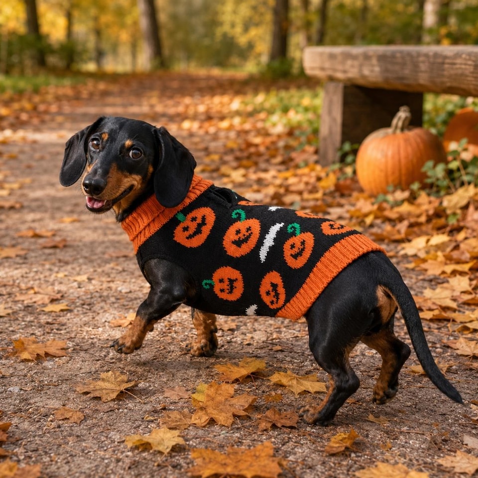 image 1 of Small Halloween Pet Dog Jumper Black Orange Pumpkin Knitted Sweater 30cm