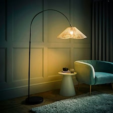 ValueLights Louis Black Arched Curved Floor Lamp with Natural Wicker Tapered Lamp Shade and LED Bulb