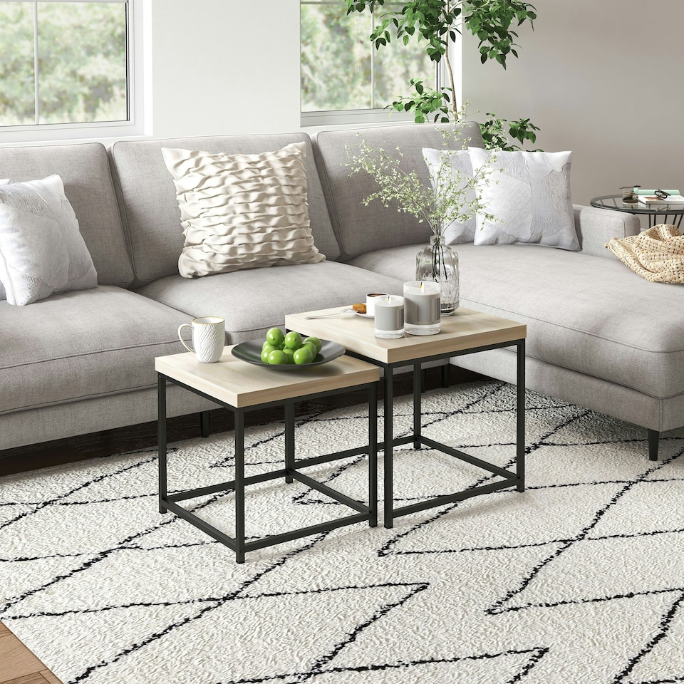 image 1 of HOMCOM Coffee Table Set of 2 with 3.5cm Thick Tabletop, Oak