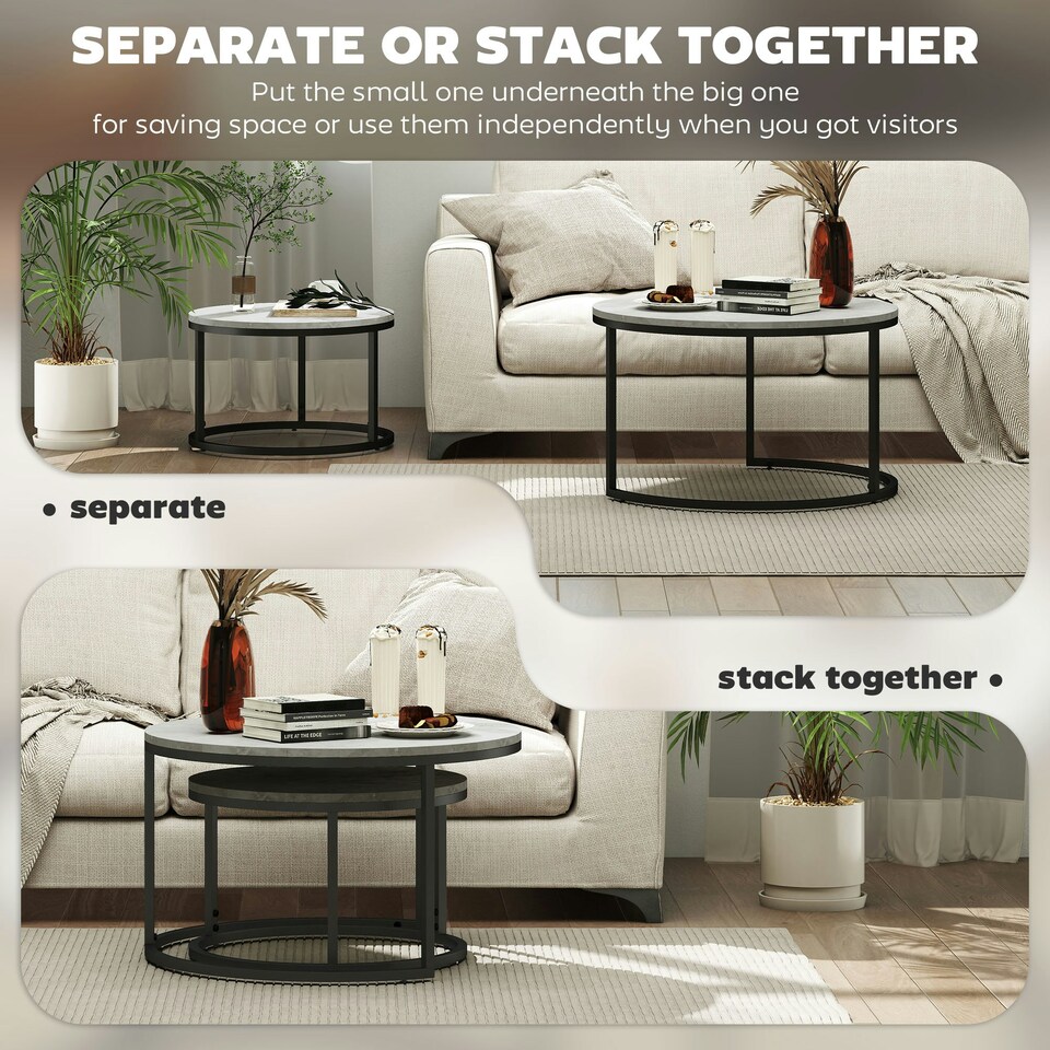 image 1 of HOMCOM 2 Pcs Stacking Coffee Table Set Steel Frame Marble-Effect Top Foot Pads | Grey | 78.5x78.5x46.5