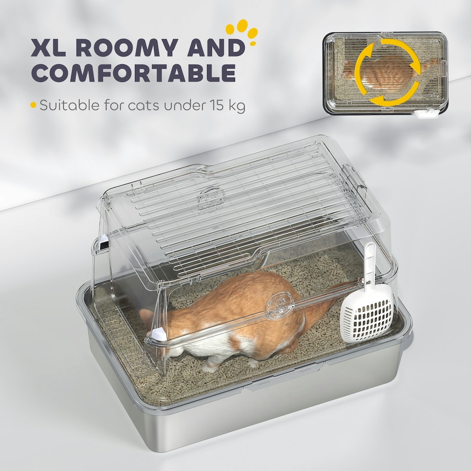 image 1 of PawHut Extra Large Stainless Steel Cat Litter Tray with Scoop, Flip Top Grey