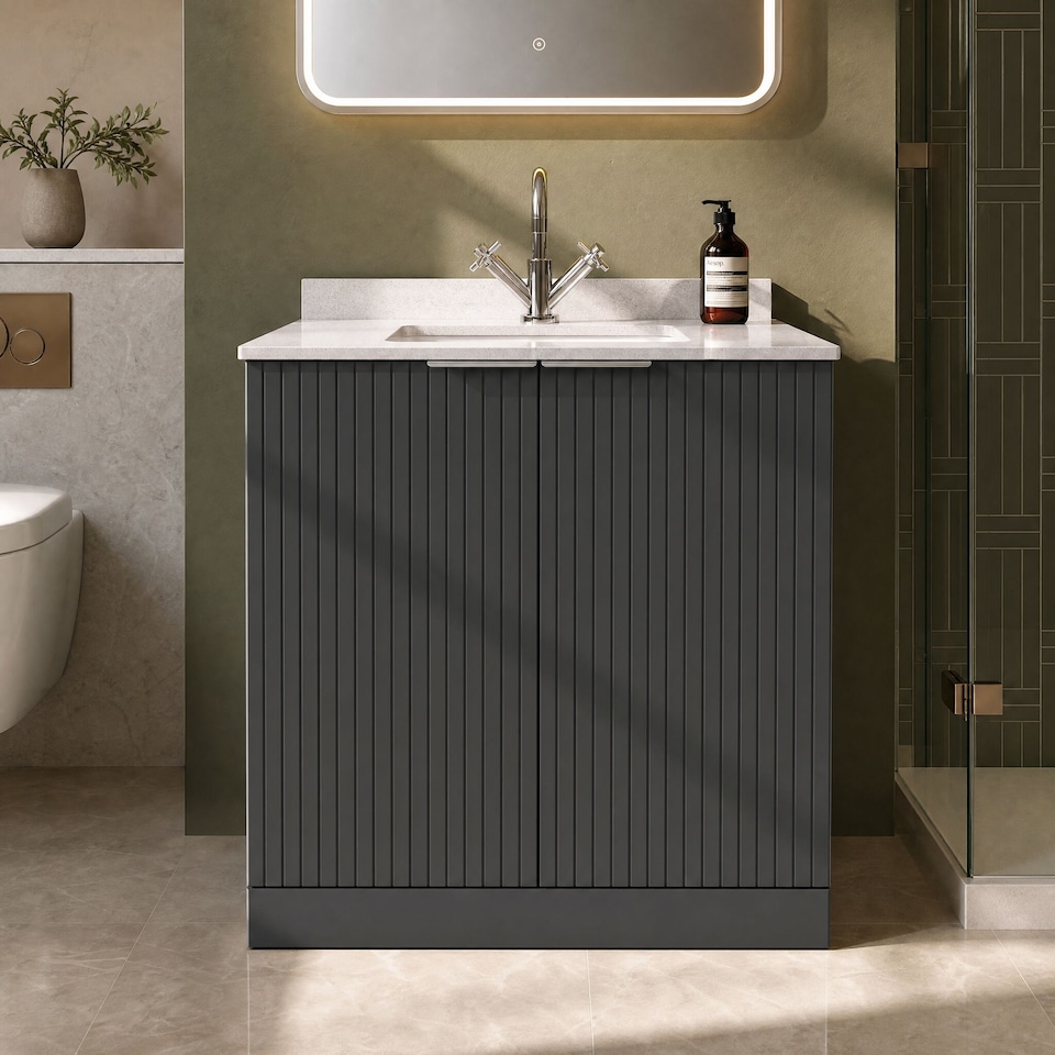 image 1 of Balterley Callingwood Contemporary Floor Standing 2 Door Vanity Unit with Marble Worktop with Basin , 800mm, Dark Grey