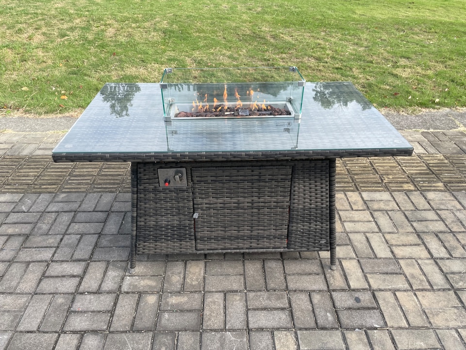 image 1 of Fimous Rattan Garden Furniture Set with Fire Pit Table 6 Seater Outdoor Lounge Sofa Set Dark Grey Mixed