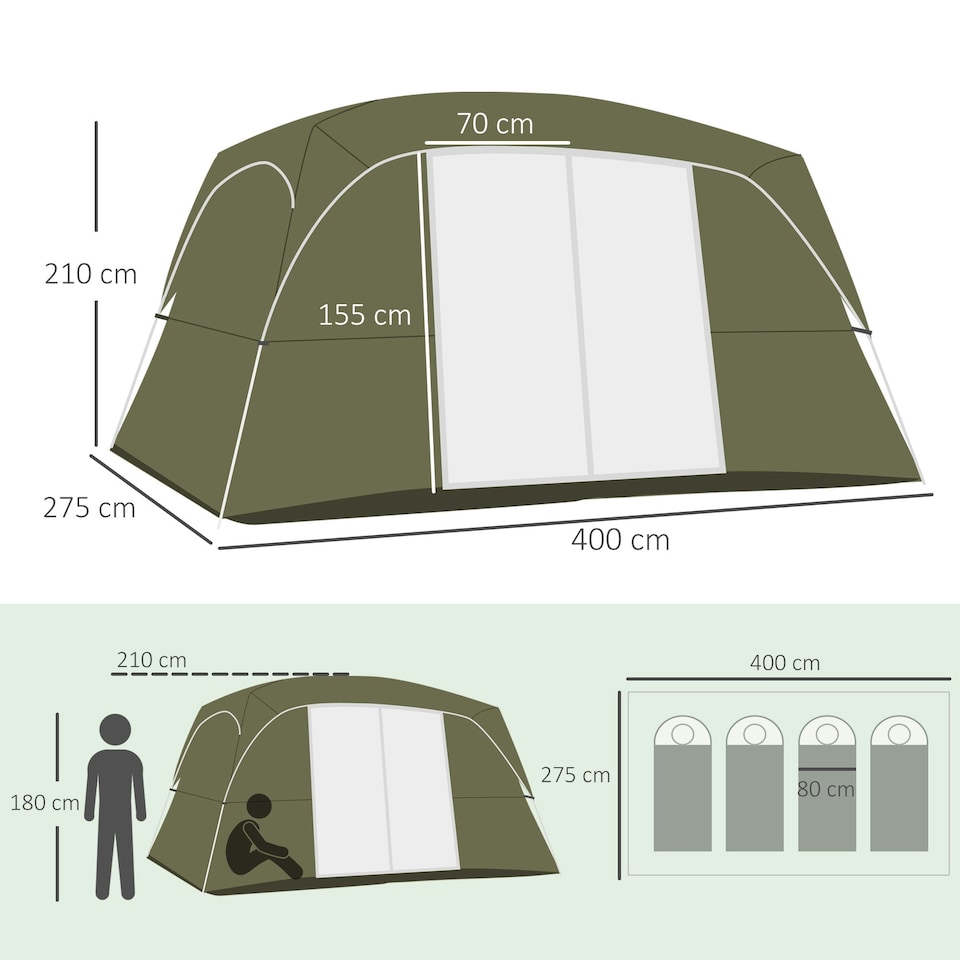 image 1 of Outsunny Camping Tent, Family Tent 6 Person 2 Room Easy Set Up, Green