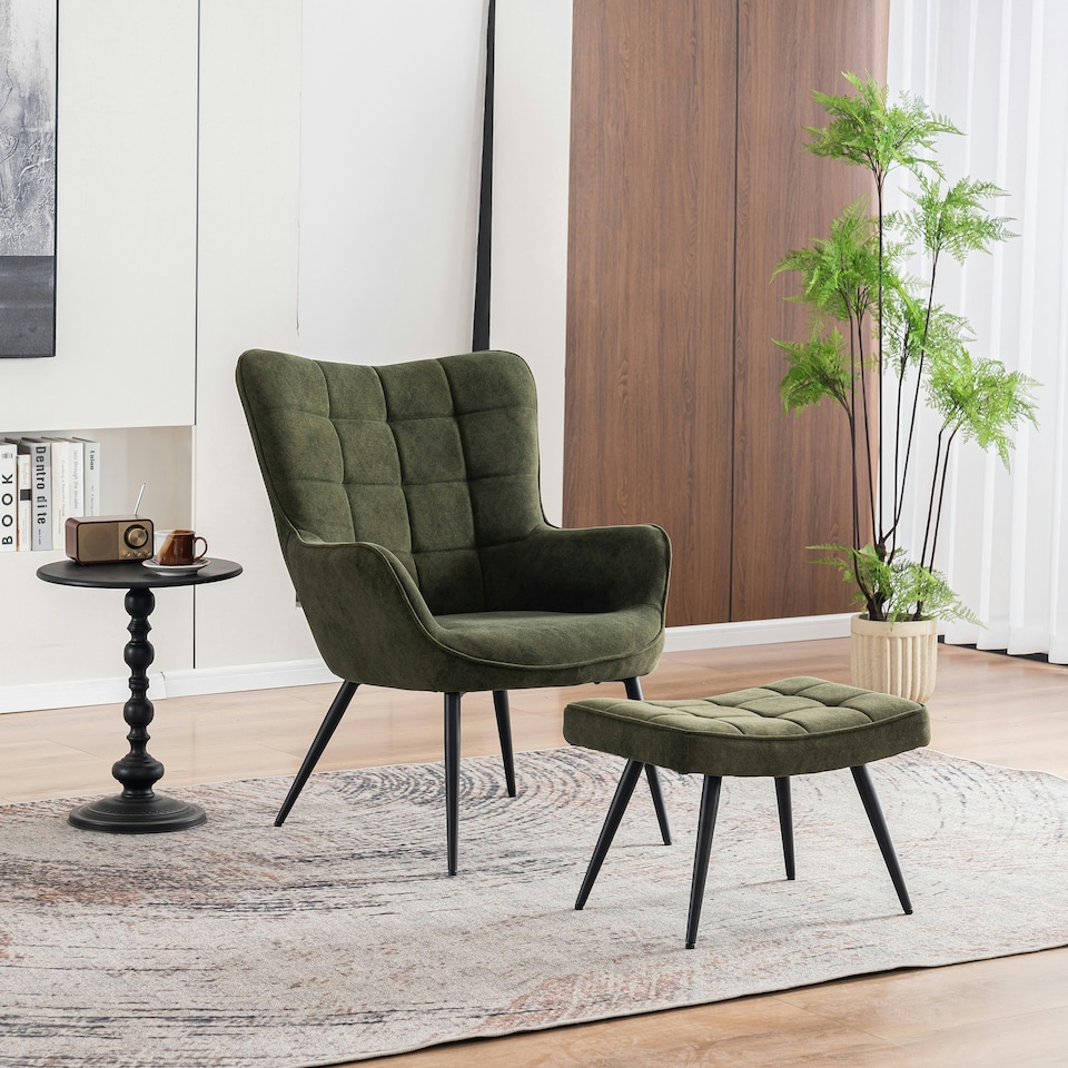 image 1 of Vera Velvet Occasional Living Room Modern Accent Chair with Footstool (Green)