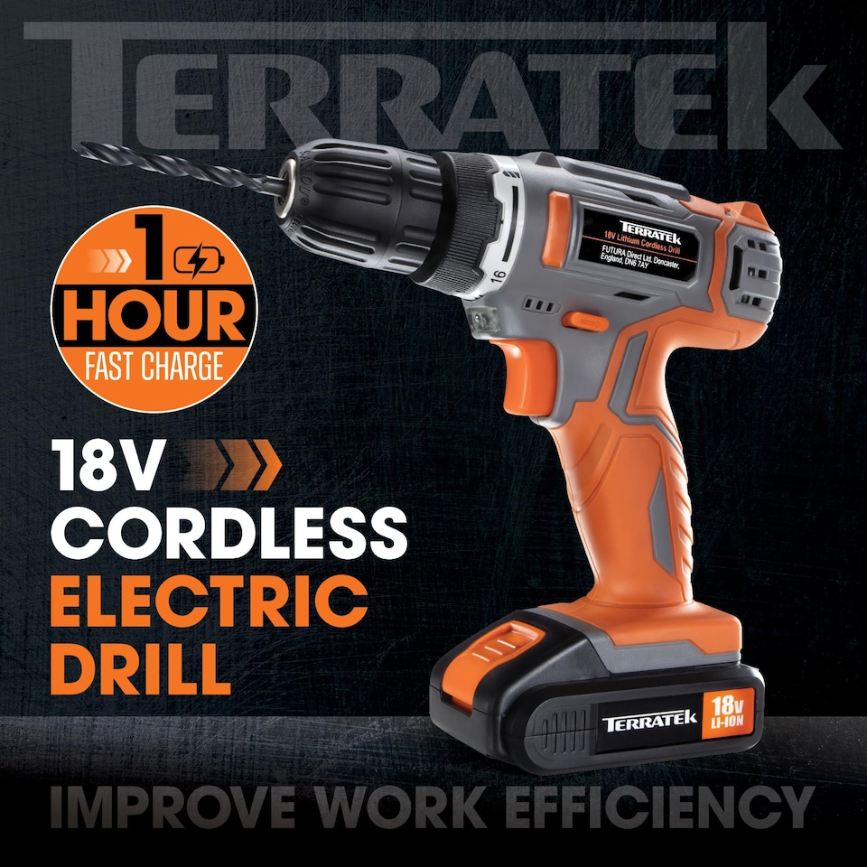 image 1 of Terratek 18V Cordless Power Drill Screwdriver Set & Drill Bit Battery & Case | Grey | Grey | 190.00 | 1