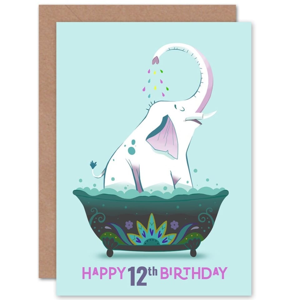 image 1 of Elephant Bath Tub Age 12 Year Old Child Kids 12th Birthday Card
