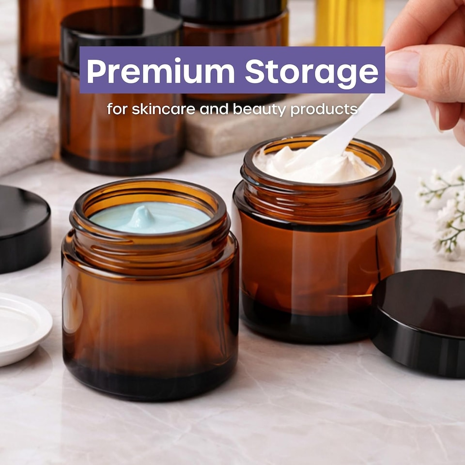 image 1 of Cosmetic Amber Glass Jar Set - UV Protection for Powder, Lotion and Cream