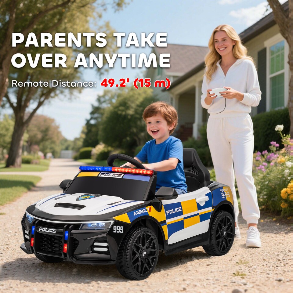 image 1 of AIYAPLAY Kids Electric Car, 12V Battery Powered Police Ride on Car with Remote Control, Music, Horn, Siren, Flashing Lights, Children Electric Vehicle for 3-5 Years