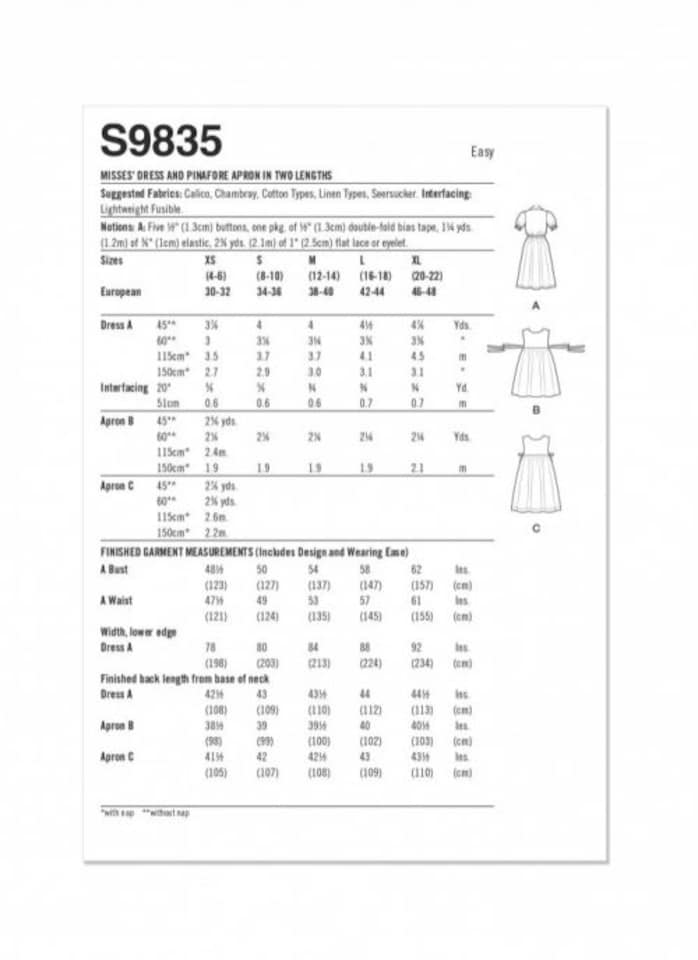 image 1 of Simplicity 9835 Paper Sewing Pattern – Women’s Dresses, Pinafores & Aprons, Size A (XS–S–M–L–XL), Easy