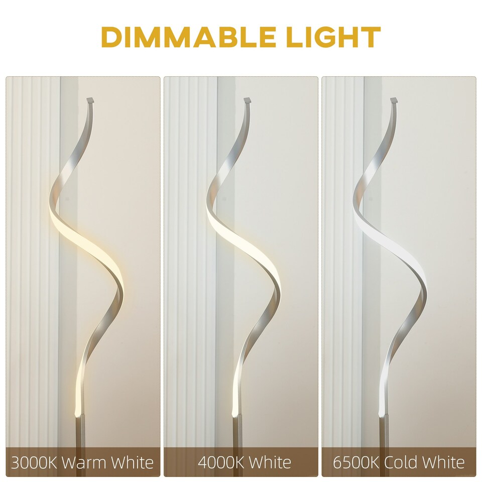 image 1 of HOMCOM Spiral Floor Lamp for Living Room with 3 Adjustable Brightness, Silver