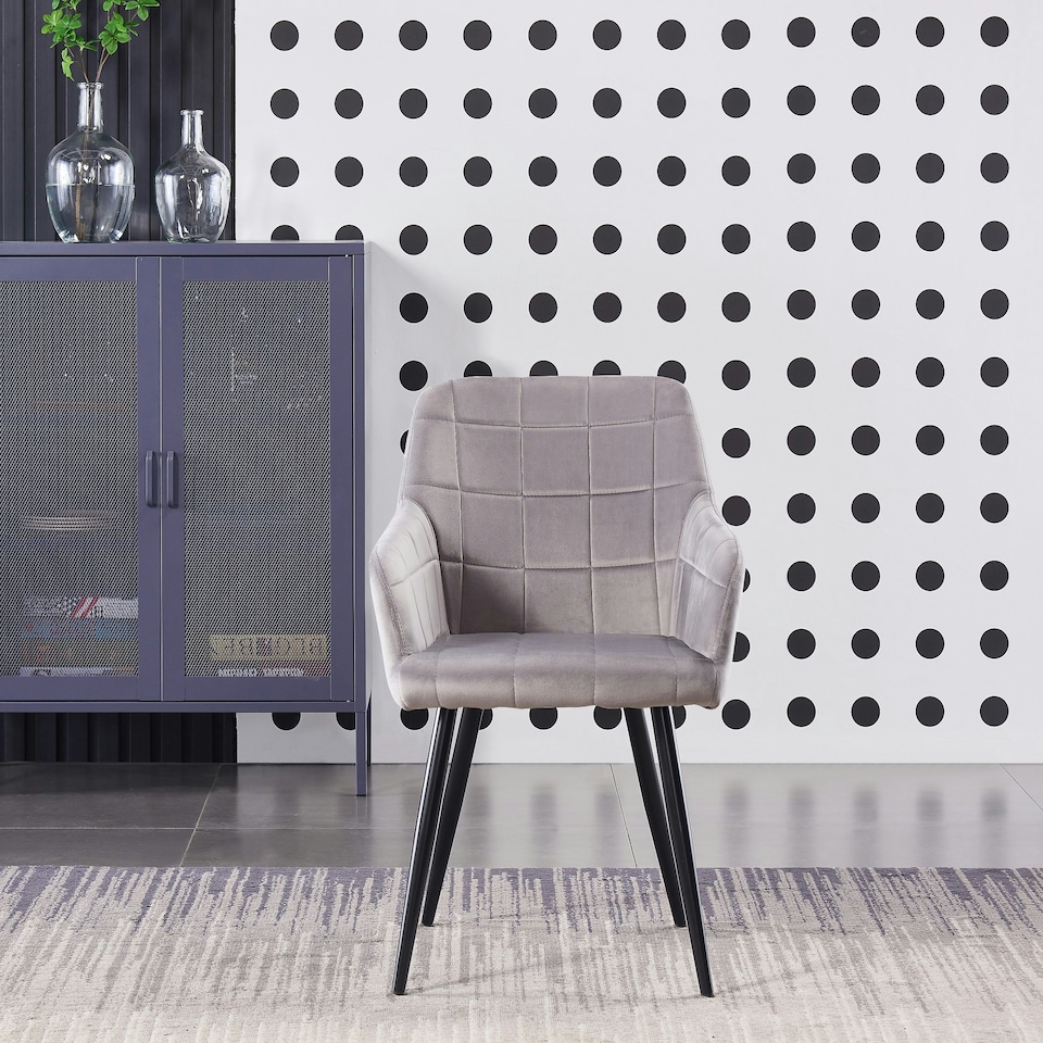 image 1 of Set of 6 Camden Modern Velvet Dining Chairs with Armrests, Quilted Design & Black Metal Legs Grey | Light Grey