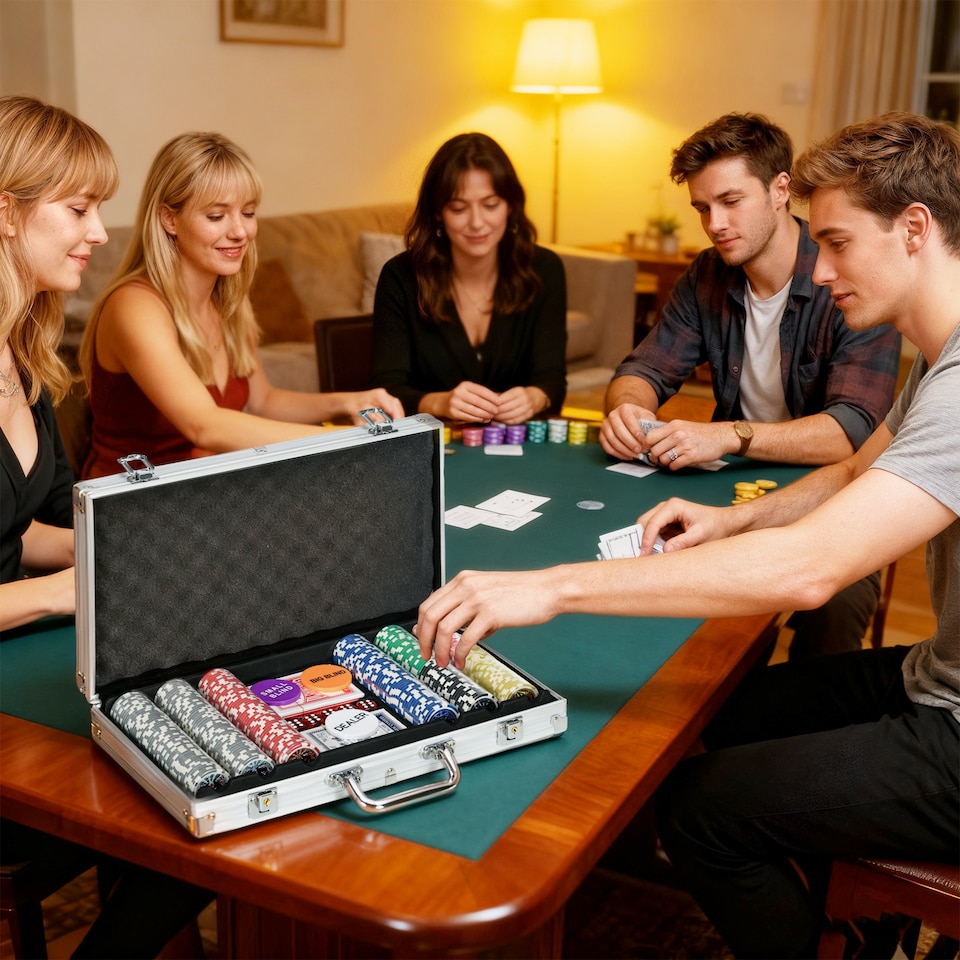 image 1 of SPORTNOW 300-Piece Poker Chips Set with Aluminium Case, Holdem Poker Set with Mat, 11.5g Numbered Poker Chips, Two Decks of Cards, Dealer, Five Dices