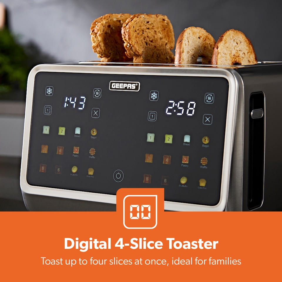 image 1 of GEEPAS 5-in-1 4 Slice Digital Toaster Wide Slots LED Display 1770W, Silver