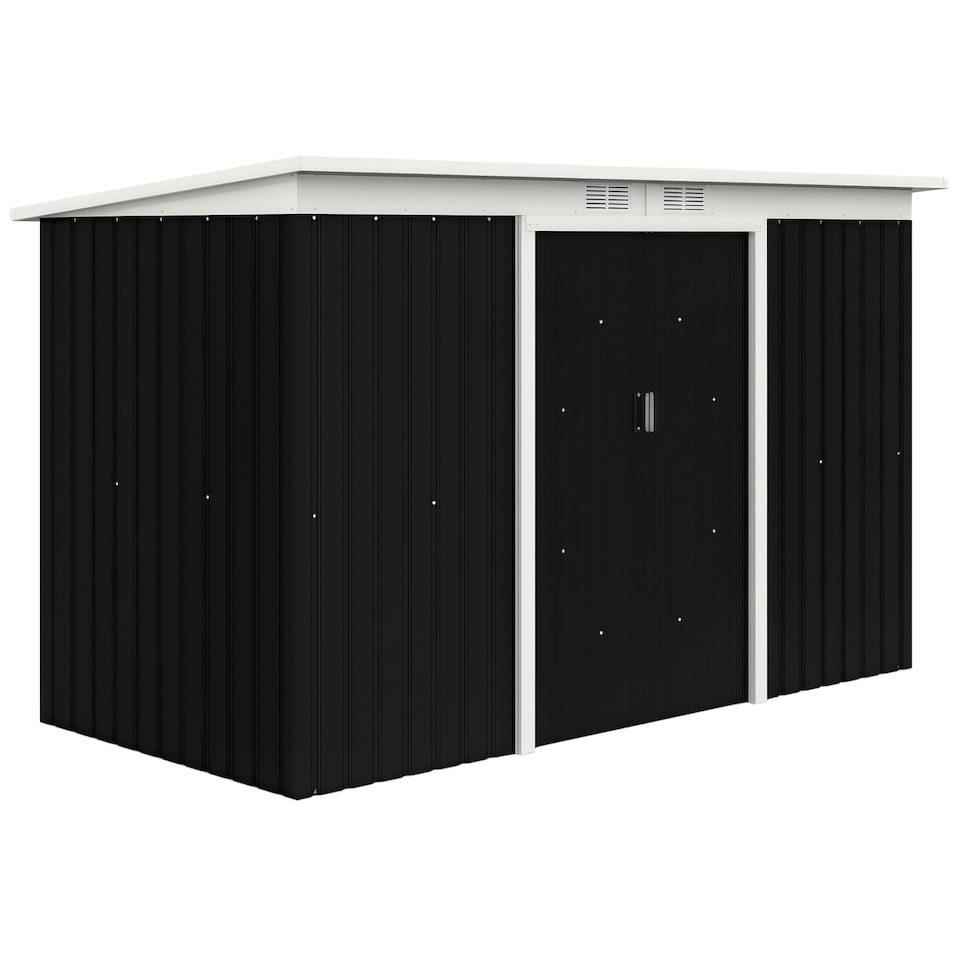 image 1 of Outsunny 9ft x 4ft Metal Garden Shed, Outdoor Tool House with Foundation Kit, Ventilations and Double Doors, Dark Grey