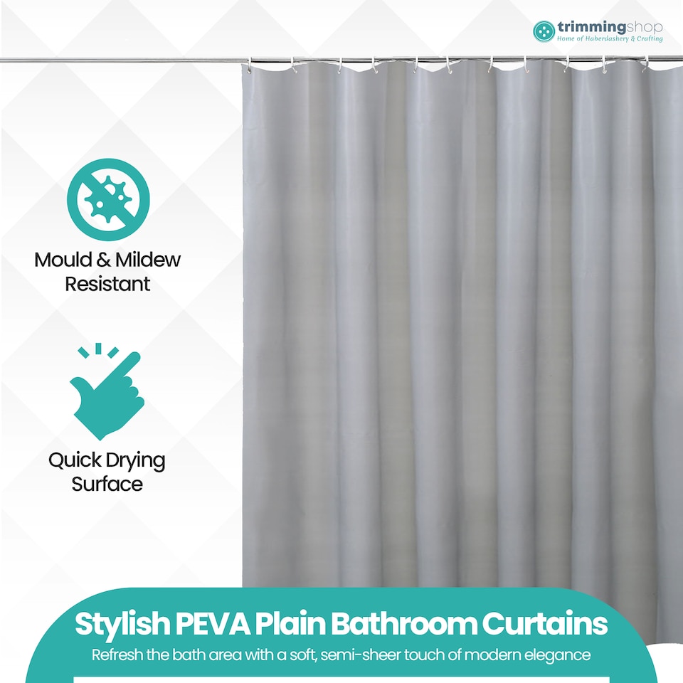image 1 of PEVA Plain Mould & Mildew Resistant Shower Curtain with 12 Hooks - 180x180cm