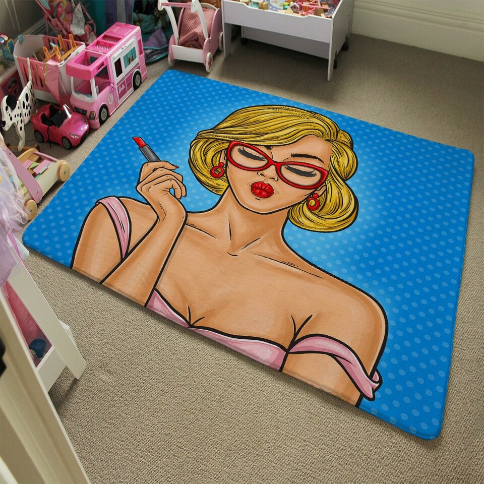 image 1 of Pop art illustration woman paints her lips (Rug) Blue | XL