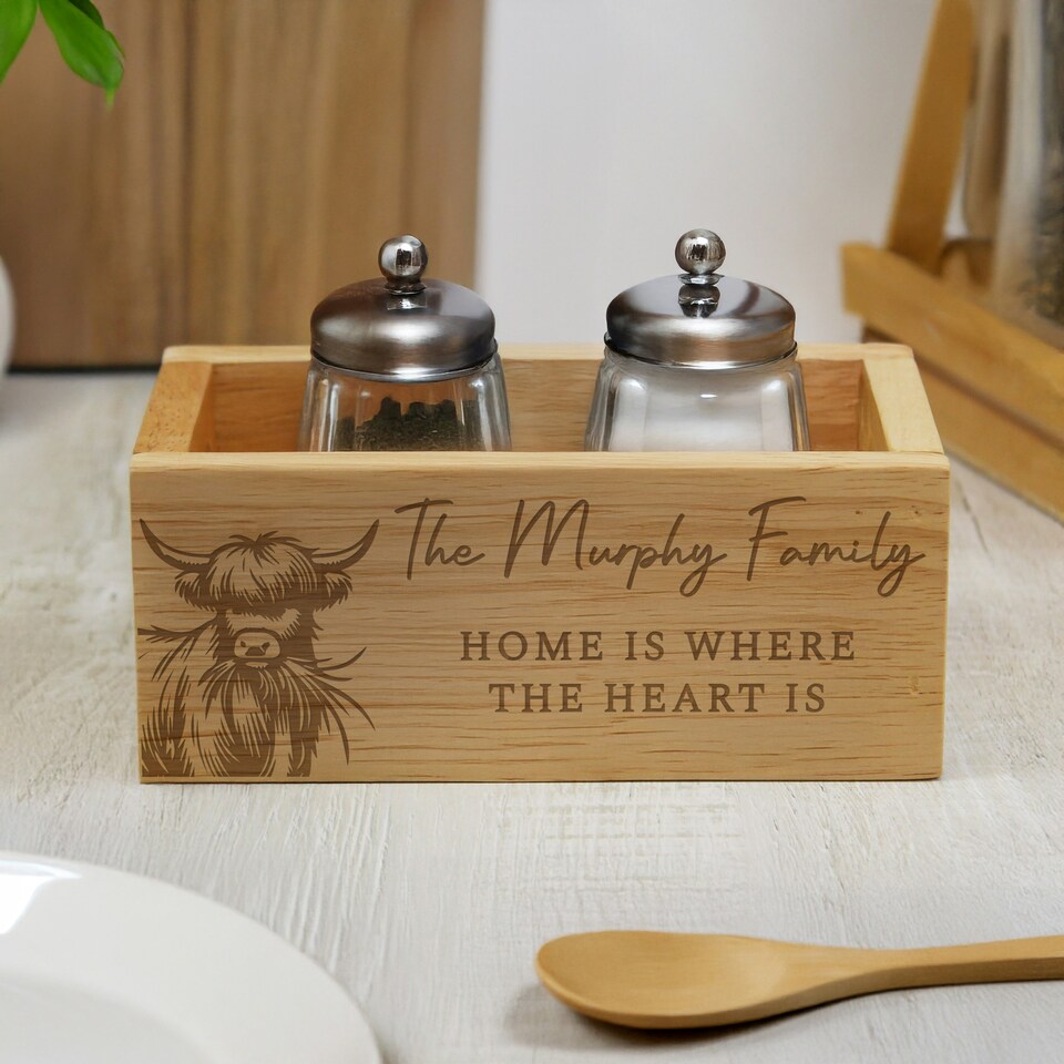 image 1 of Personalised Highland Mini Wooden Storage Crate Brown | ONE SIZE