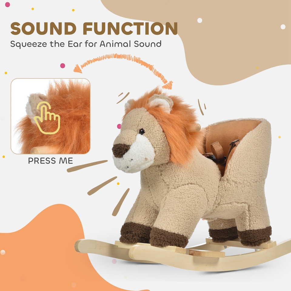 image 1 of HOMCOM Kids Rocking Lion Plush Ride On with Sound Wood Base Seat Belt, Brown