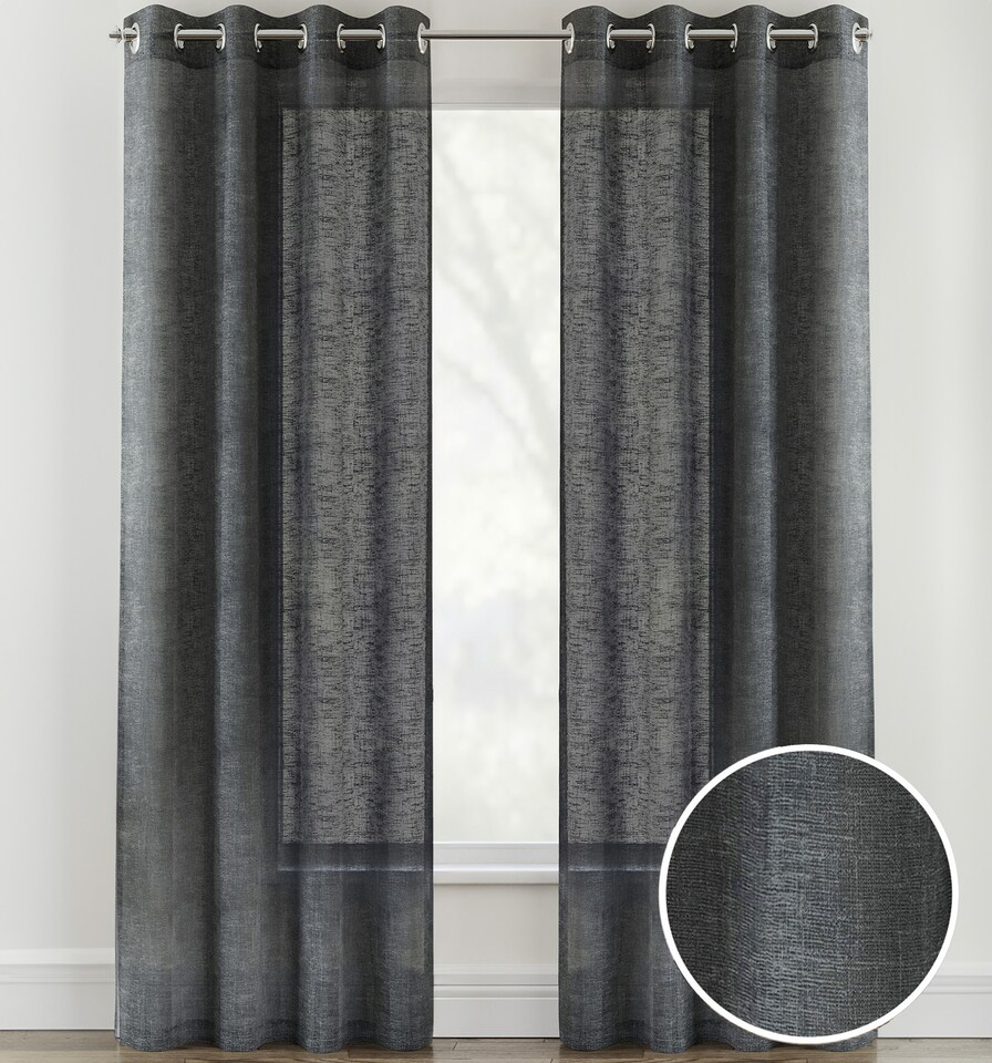 image 1 of Pair of Crete Charcoal Luxury Linen Look Sheer Panels with Eyelet Header 229 CM