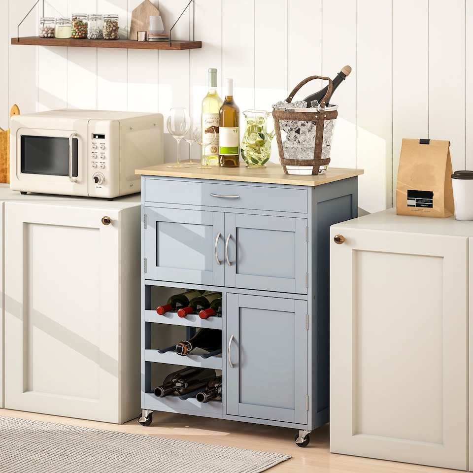 image 1 of HOMCOM Rolling Kitchen Island Trolley Storage Cart w/ Rubberwood Top, Grey