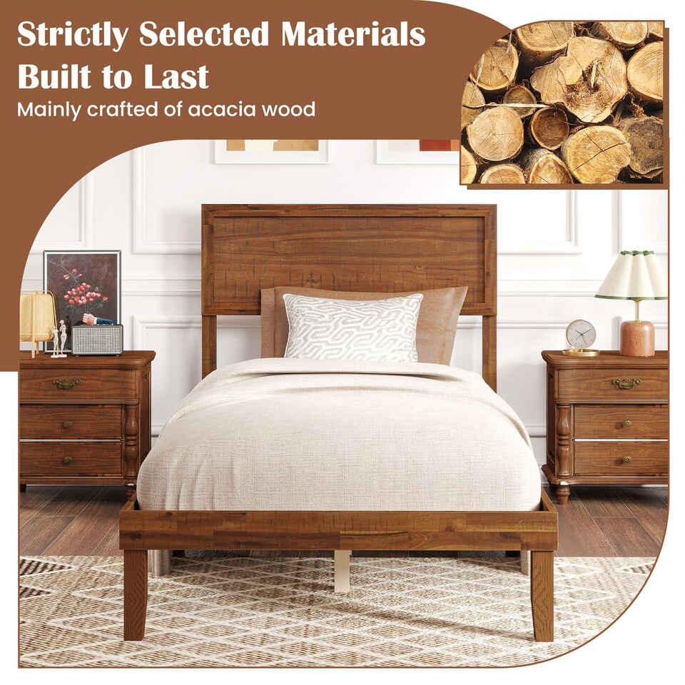 image 1 of COSTWAY Single Bed Frame with Headboard and Support Brown