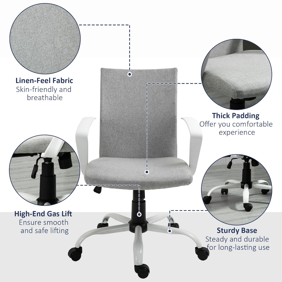 image 1 of Vinsetto Home Office Linen Chair Swivel Computer Desk Task Chair, Light Grey