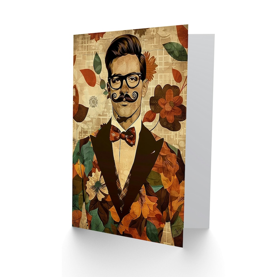 image 1 of Dapper Man Floral Suit Handlebar Moustache Him Birthday Card
