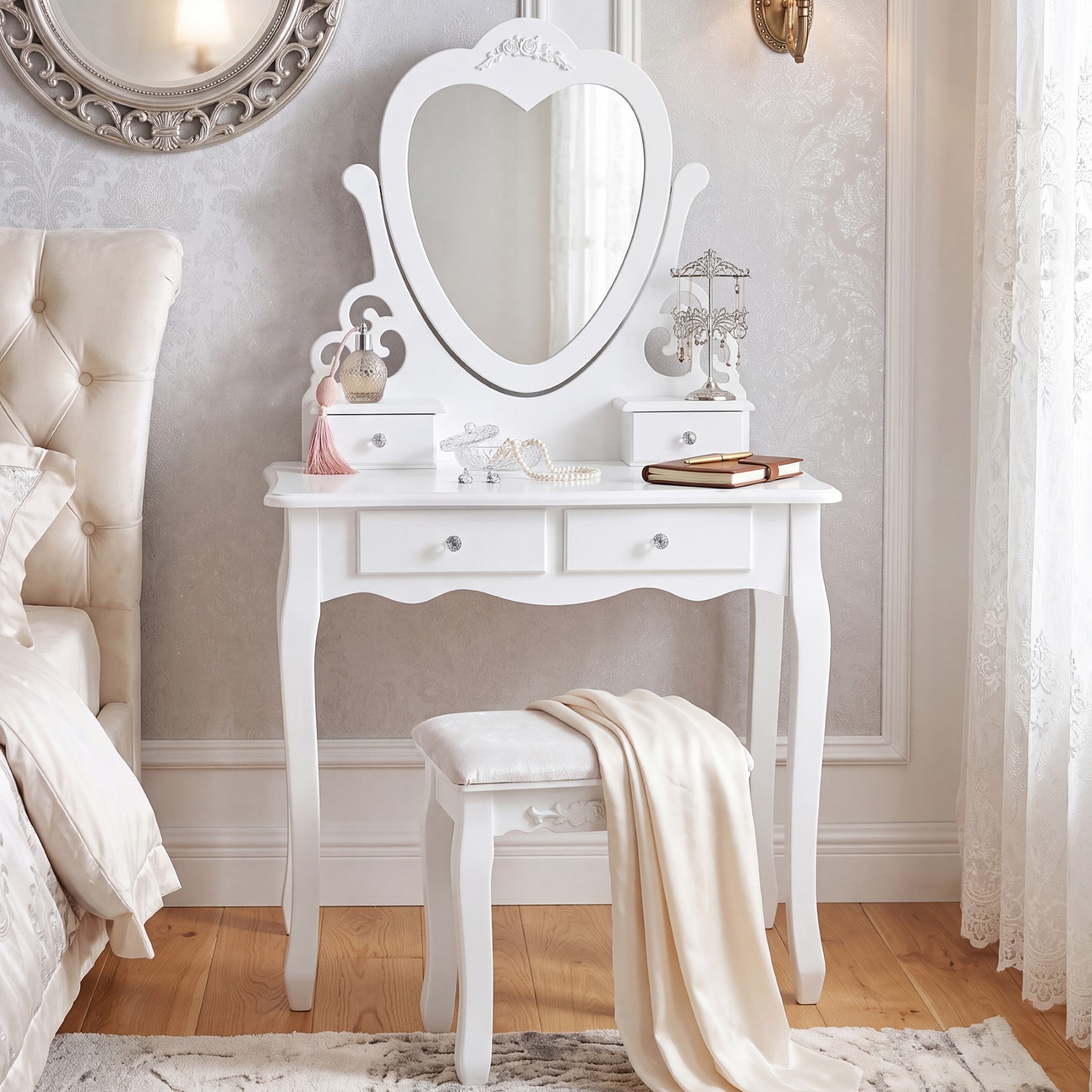 Dressing Table with Heart Shaped Mirror and Stool Makeup Vanity Mirror Hollywood Table