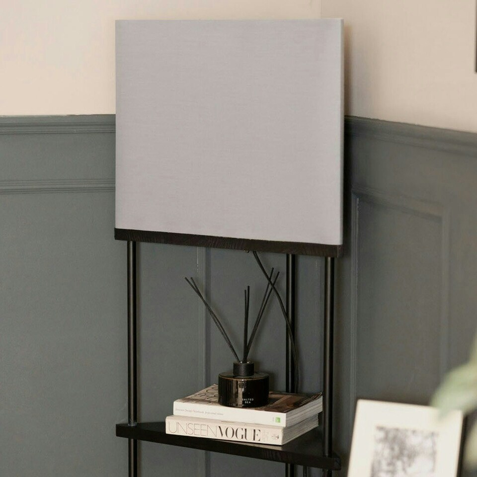 image 1 of ValueLights Taska Black Wooden 3 Tier Corner Floor Lamp with Grey Shade and Storage Shelves Black
