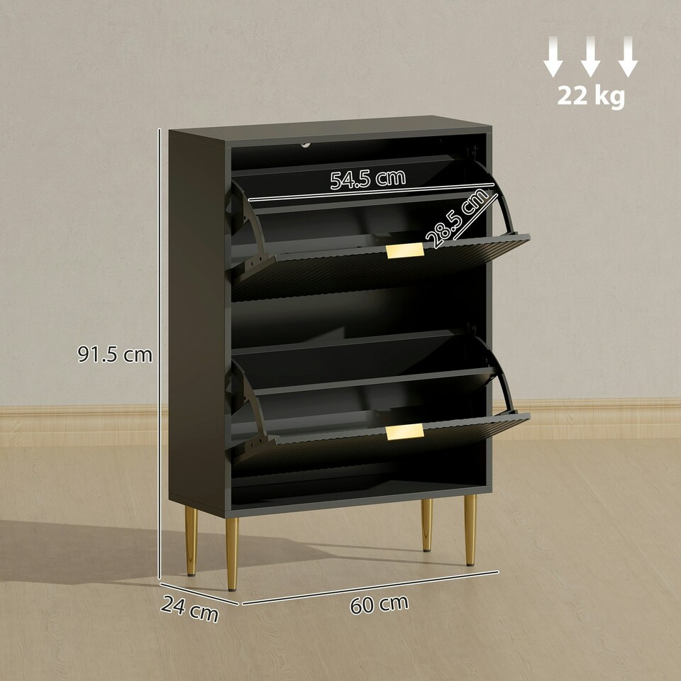 image 1 of HOMCOM Slim Shoe Storage Cabinet with 2 Flip Drawers for Hallway Black | Gold | 60W x 24D x 91.5H cm