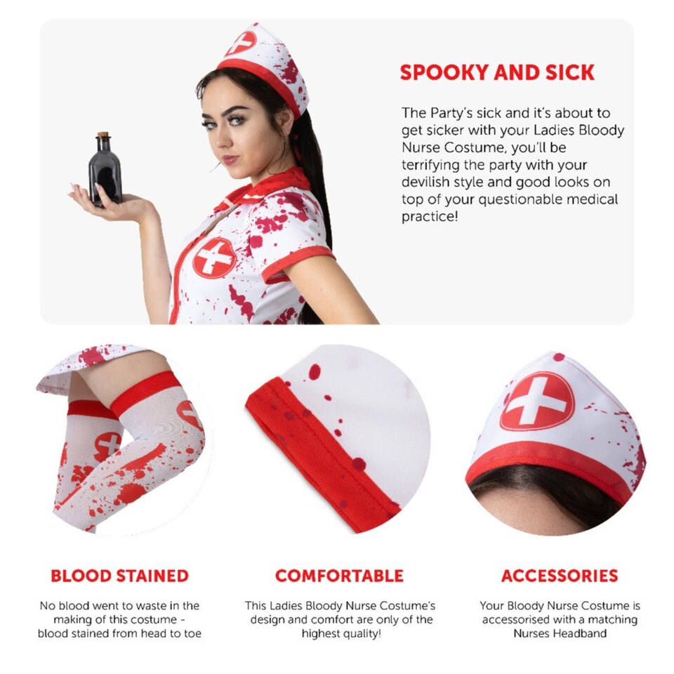 image 1 of Bloody Nurse Costume - with Stockings & Stethoscope Red | L
