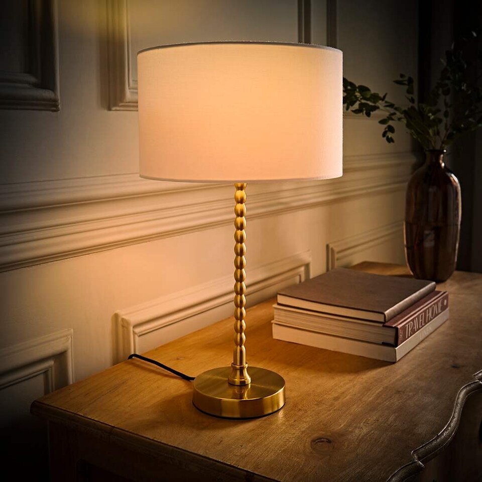 image 1 of ValueLights Maeve White Fabric Drum Lamp Shade Brushed Gold Bobbin Bobble Table Lamp | Gold