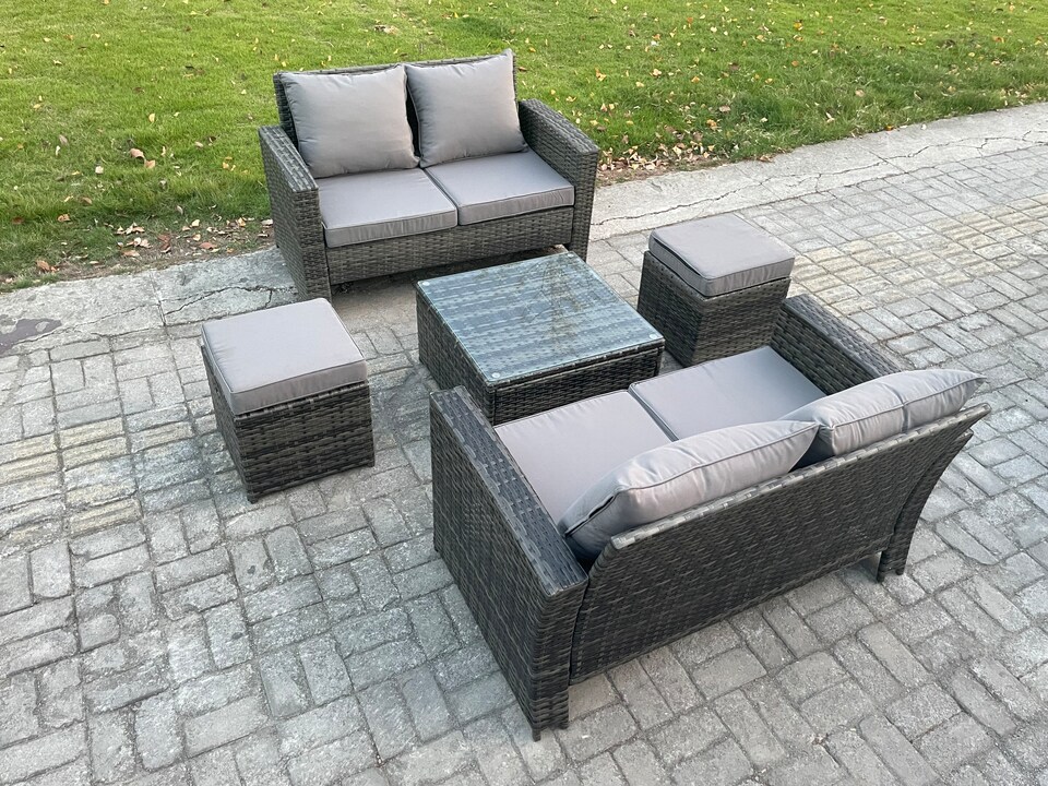 image 1 of Fimous Rattan Garden Furniture Set 5 piece Patio Rattan Furniture Sofa Weaving Wicker includes 2 Double Seat Sofa, Coffee Table and 2 Small Footstools