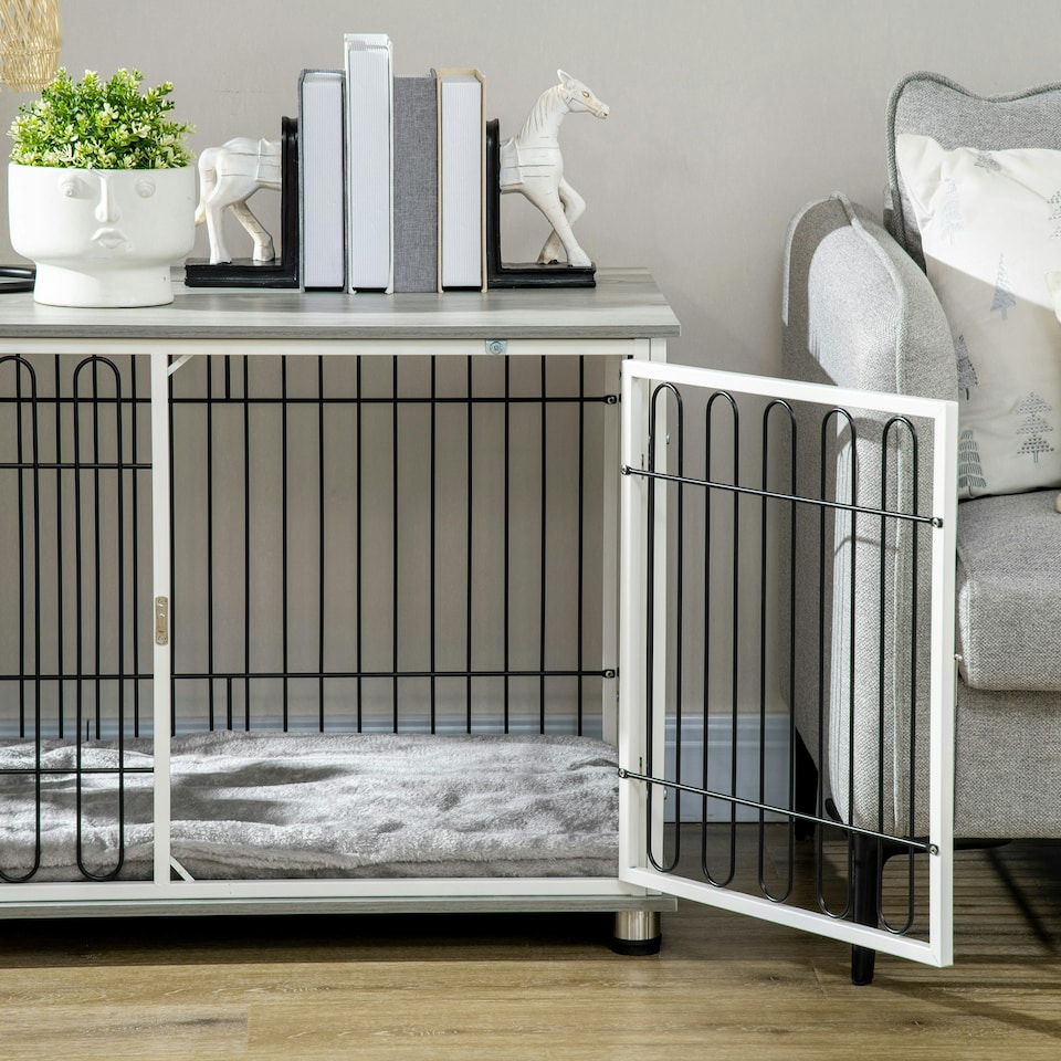 image 1 of PawHut Dog Crate Furniture End Table w/ Soft Washable Cushion, Lockable Door
