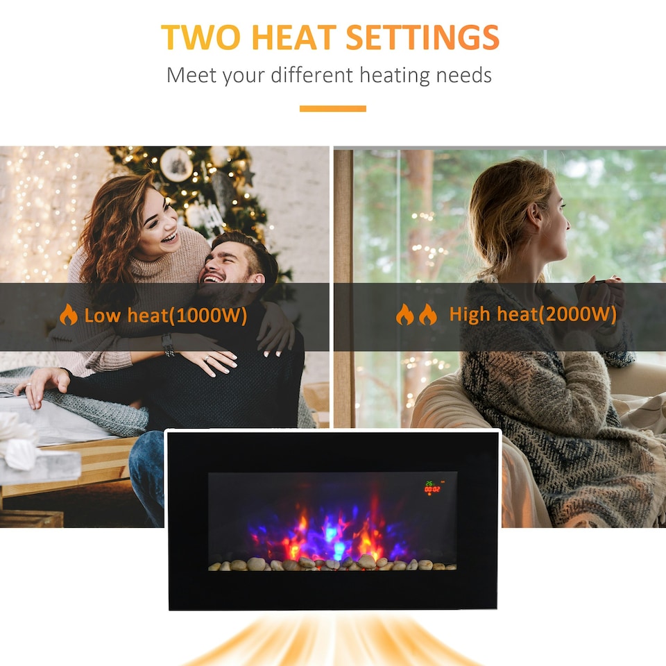 image 1 of HOMCOM 1000W/2000W Electric Wall Fireplace LED Flame Effect Timer Remote Heater